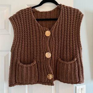 NEW Chunky Brown Knit Sweater Vest with Gold Buttons